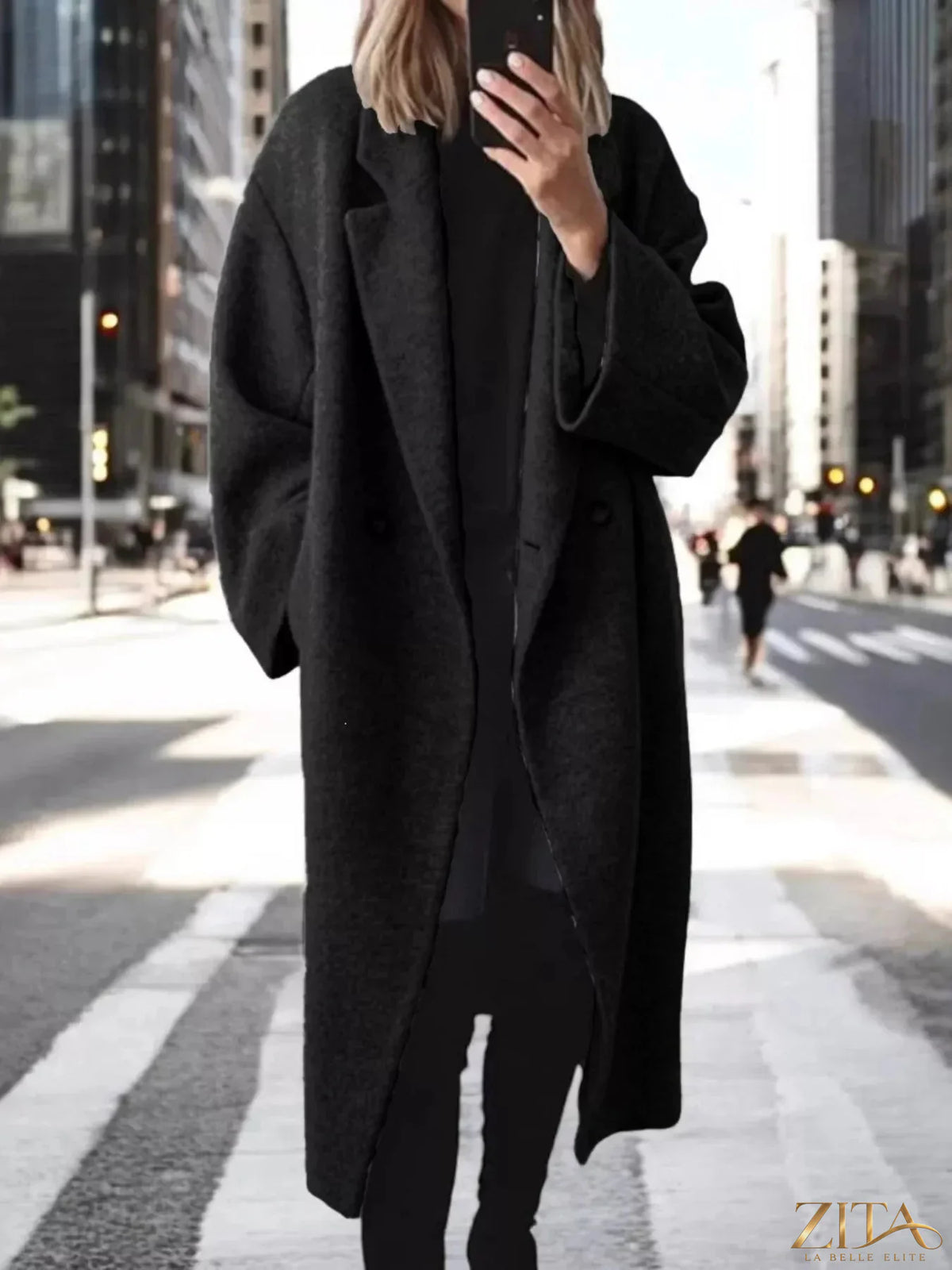 Plus size Zita La Belle Elite wool blend longline coat with lapel collar, full size, stylish and warm for cold weather.