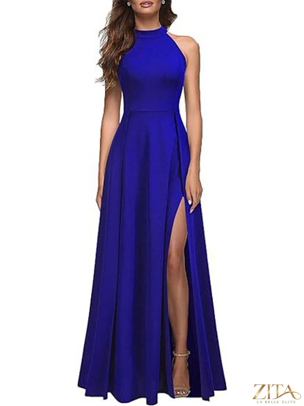 Zita La Belle Elite sleeveless slit maxi dress in flowing fabric, full length with high slit, suitable for elegant summer occasions.