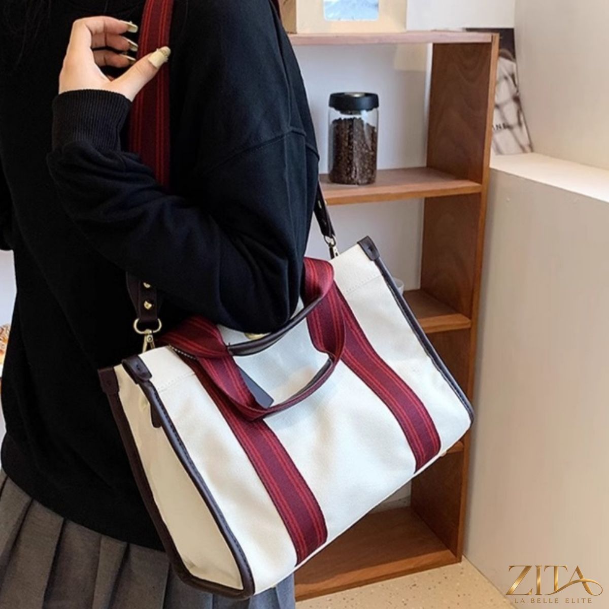 Contrast Canvas Tote Bag by Zita La Belle Elite featuring sturdy handles and a stylish black and white design.