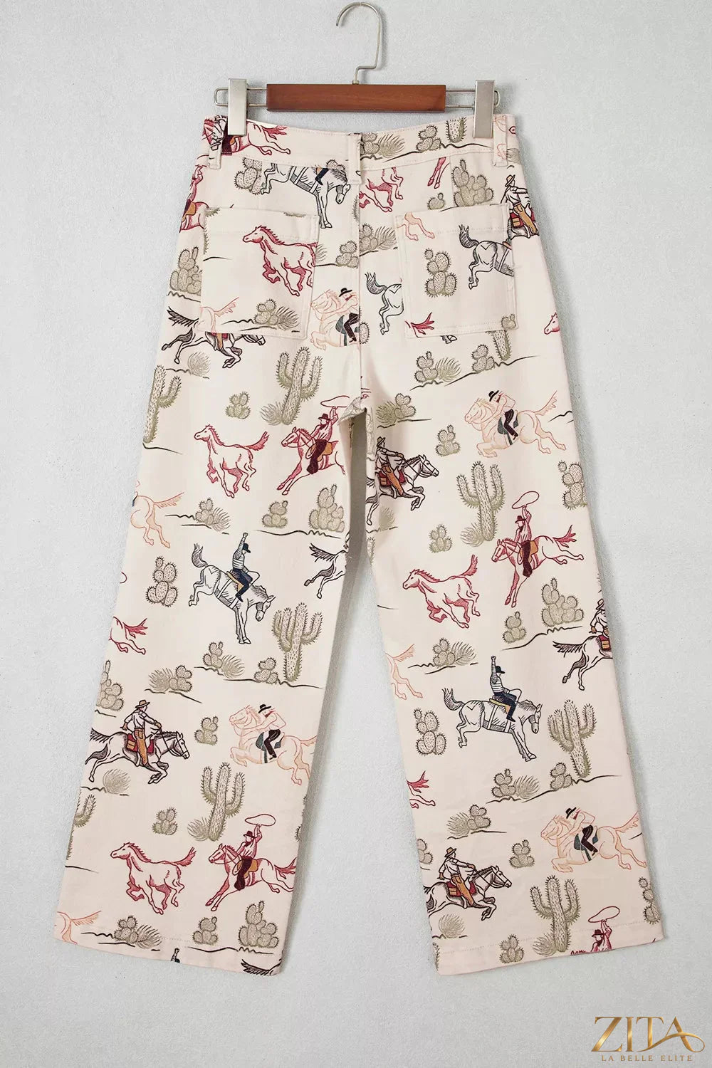 Zita La Belle Elite Western print straight-leg ankle-length jeans with front pockets and denim texture on a model.