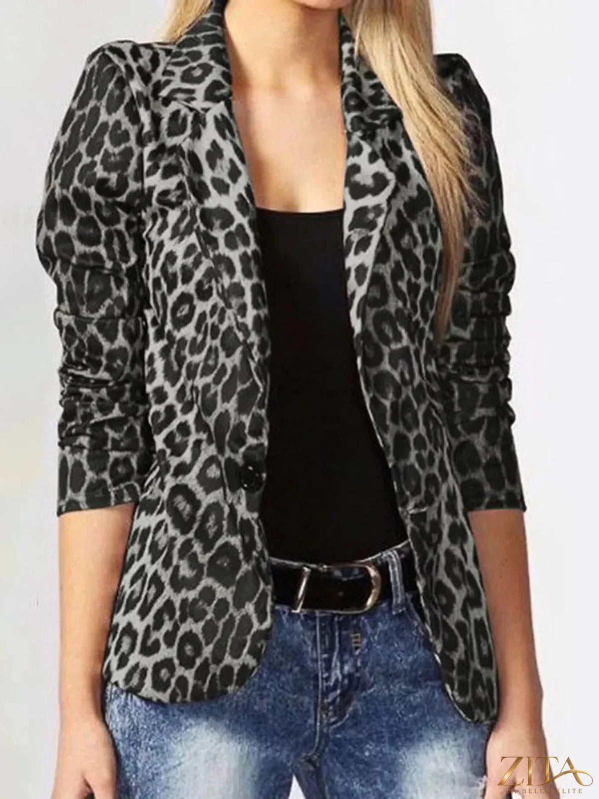 Leopard print Zita La Belle Elite blazer with a single button, tailored fit, and stylish lapel, displayed on a plain background.