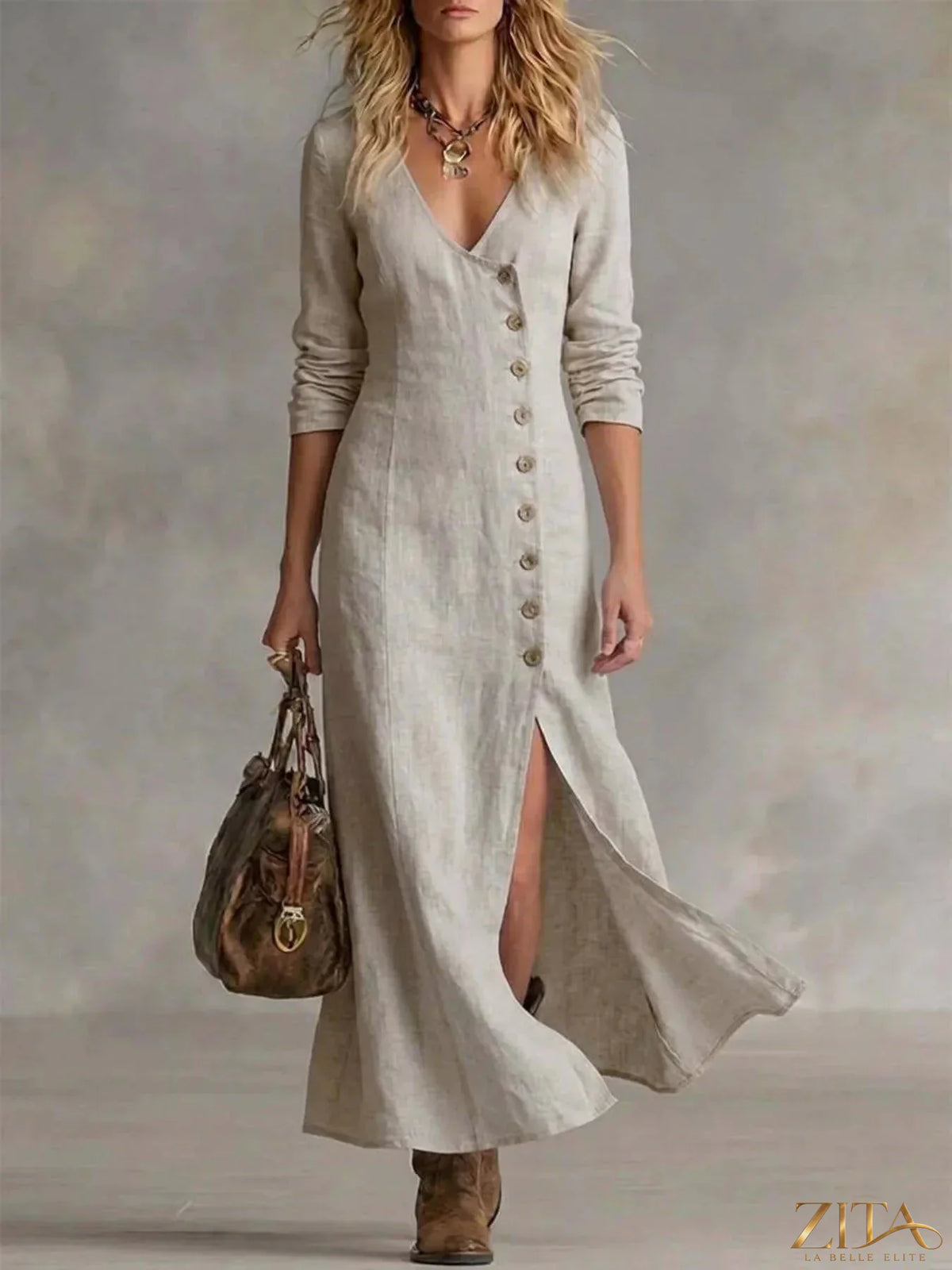 Zita La Belle Elite slit button-down midi dress featuring a flowy fabric, front buttons, and a stylish slit design.