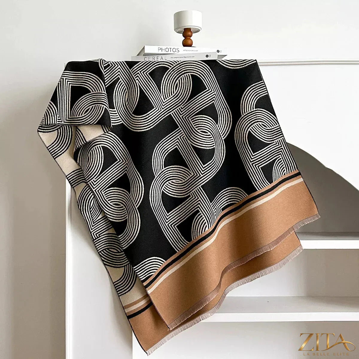 Zita La Belle Elite geometric pattern raw hem scarf featuring a stylish design and fringed edges, perfect for accessorizing outfits.