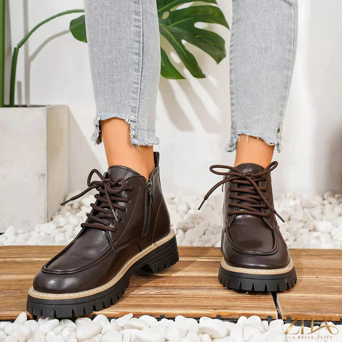 Zita La Belle Elite chunky lace-up combat boots with thick soles, black leather upper, and rugged design for a bold, stylish look.