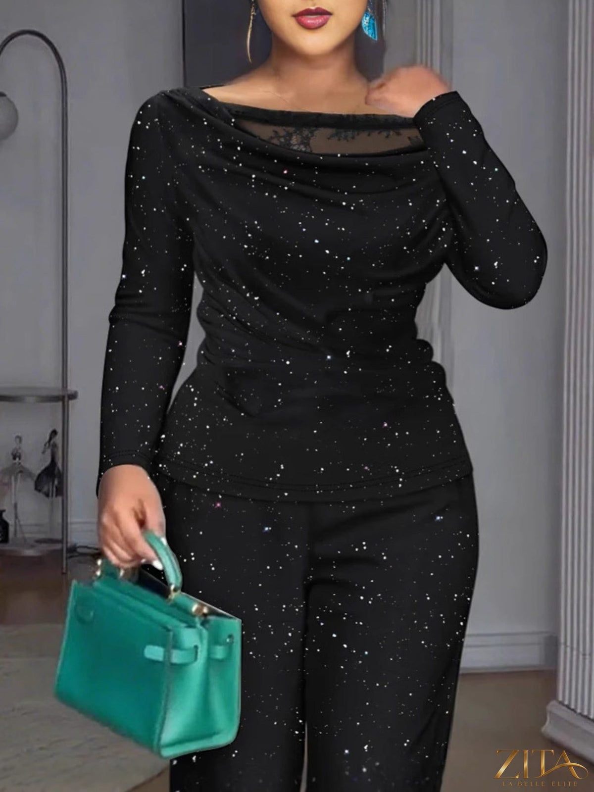 Zita La Belle Elite glitter long sleeve top and matching pants set, shiny fabric, stylish for evening or special occasions.