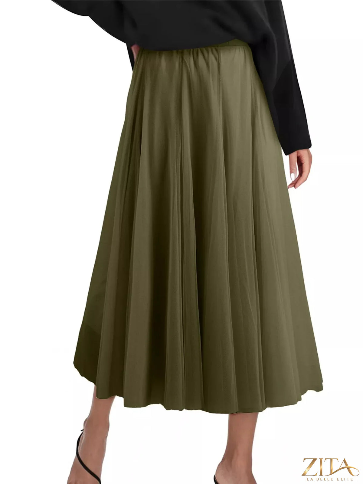 Light pink tulle A-line midi skirt by Trendsi featuring a flowy, layered design perfect for elegant or casual outfits.