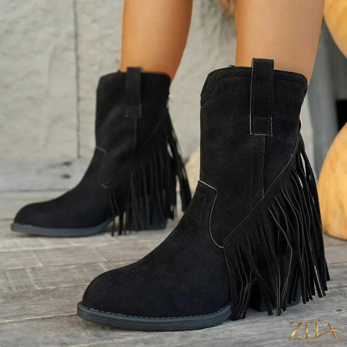Zita La Belle Elite fringe block heel ankle boots with stylish fringe details and chunky heels in black leather.