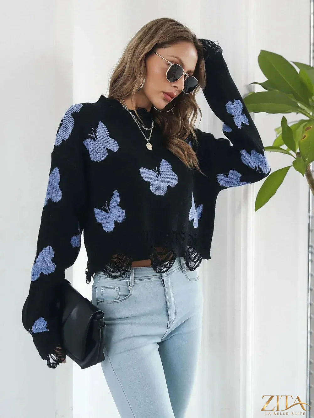 Zita La Belle Elite distressed butterfly cropped sweater in soft knit with a relaxed fit and vintage-inspired design