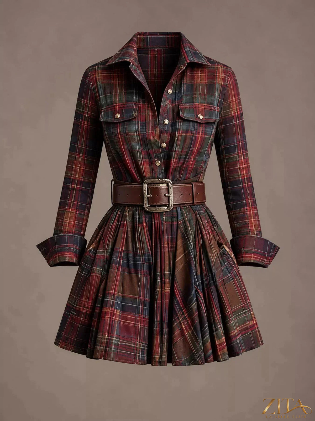 Zita La Belle Elite plaid long-sleeve shirt dress with button-front and collar, casual and stylish for everyday wear.
