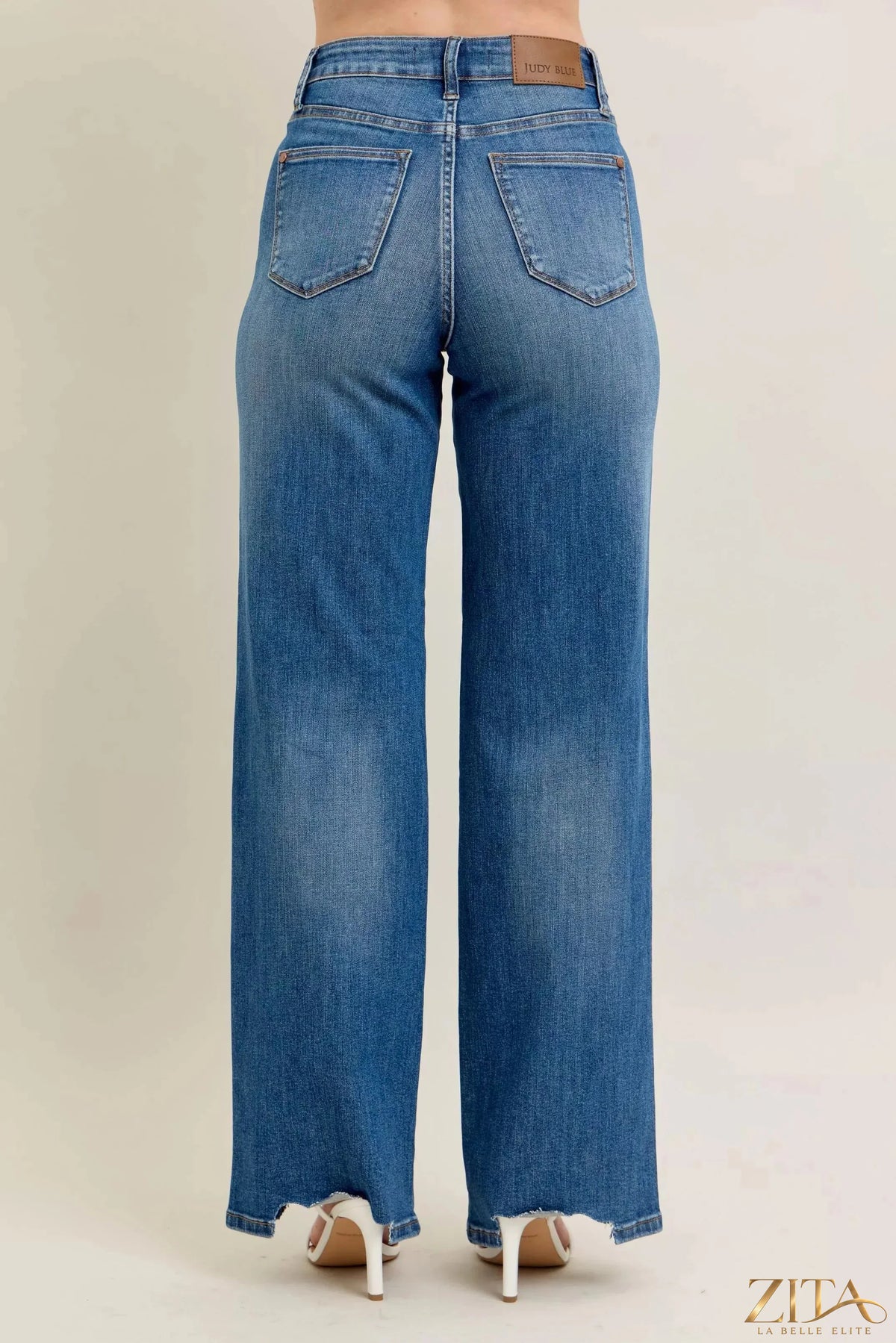 Zita La Belle Elite Judy Blue tummy control distressed wide jeans featuring a fitted waist, distressed details, and wide-leg style.