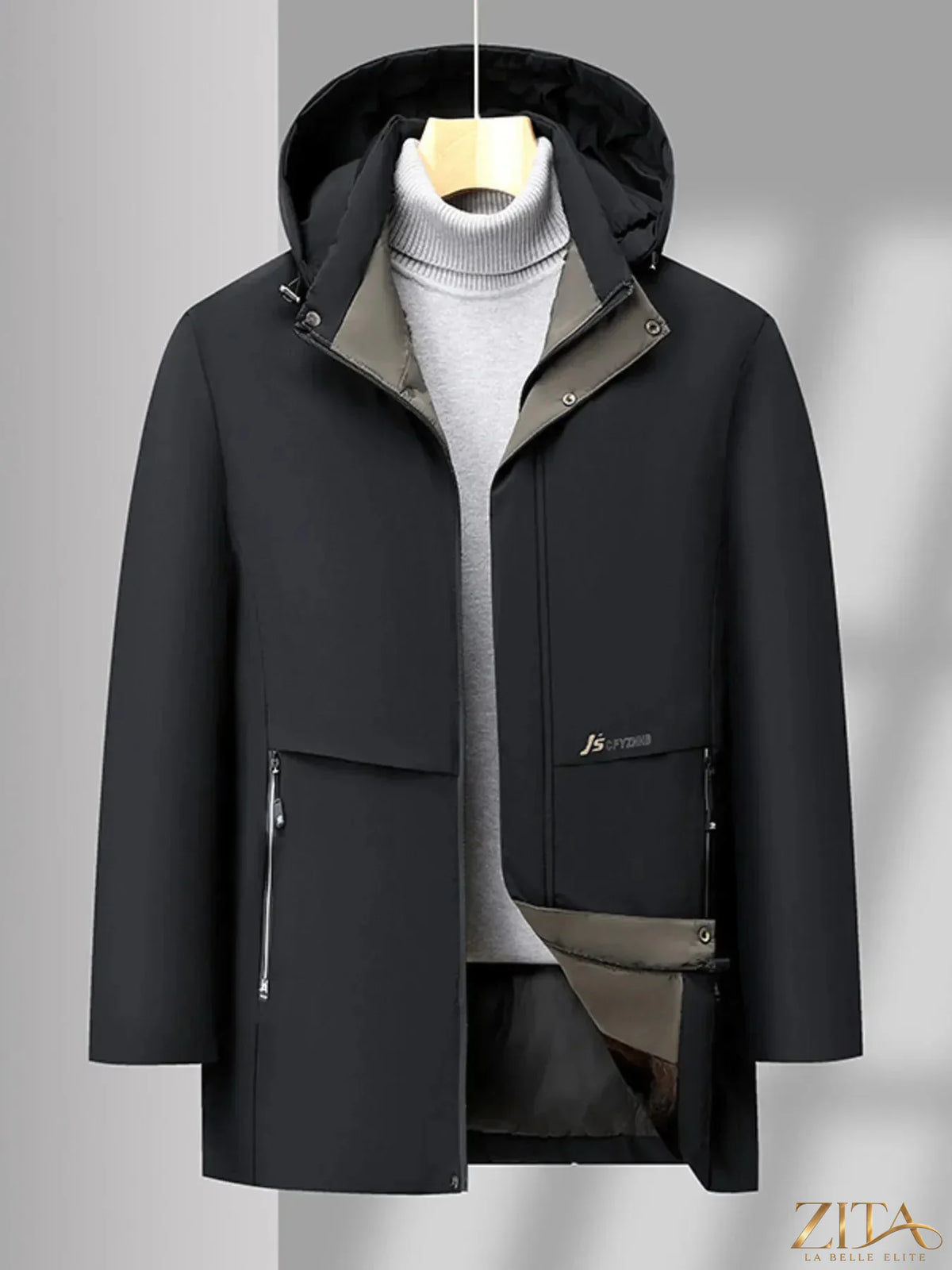 Men's plus size winter coat with thermal lining and hood by Zita La Belle Elite, showing the coat's front view and warm fabric.