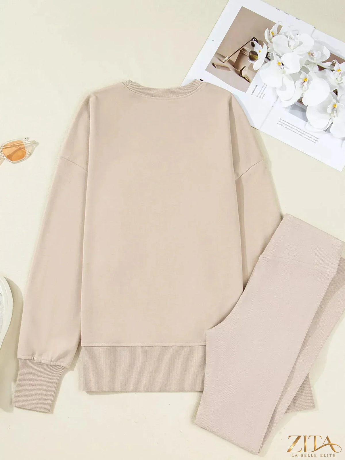 Zita La Belle Elite solid color oversized slit sweatshirt and ribbed leggings 2-piece set, casual loungewear ensemble.