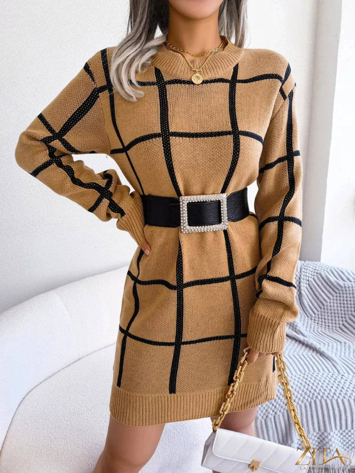 Zita La Belle Elite plaid long sleeve sweater dress with a cozy, stylish plaid pattern and a comfortable fit.
