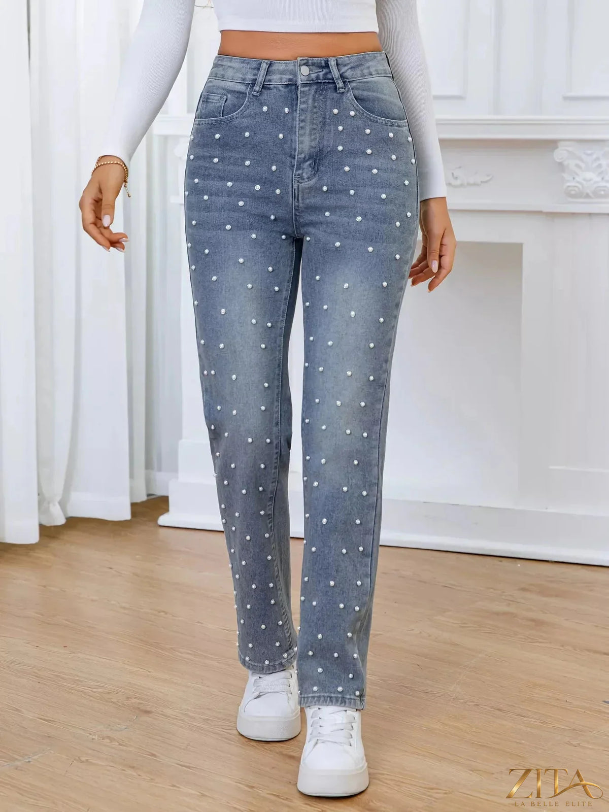 Pearl-embellished high waist straight jeans by Zita La Belle Elite, showing the detailed pearl accents and classic denim fit.