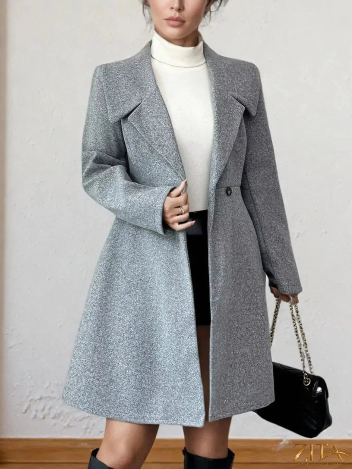 Zita La Belle Elite double-breasted wool blend coat with lapels and button details, displayed on a mannequin.