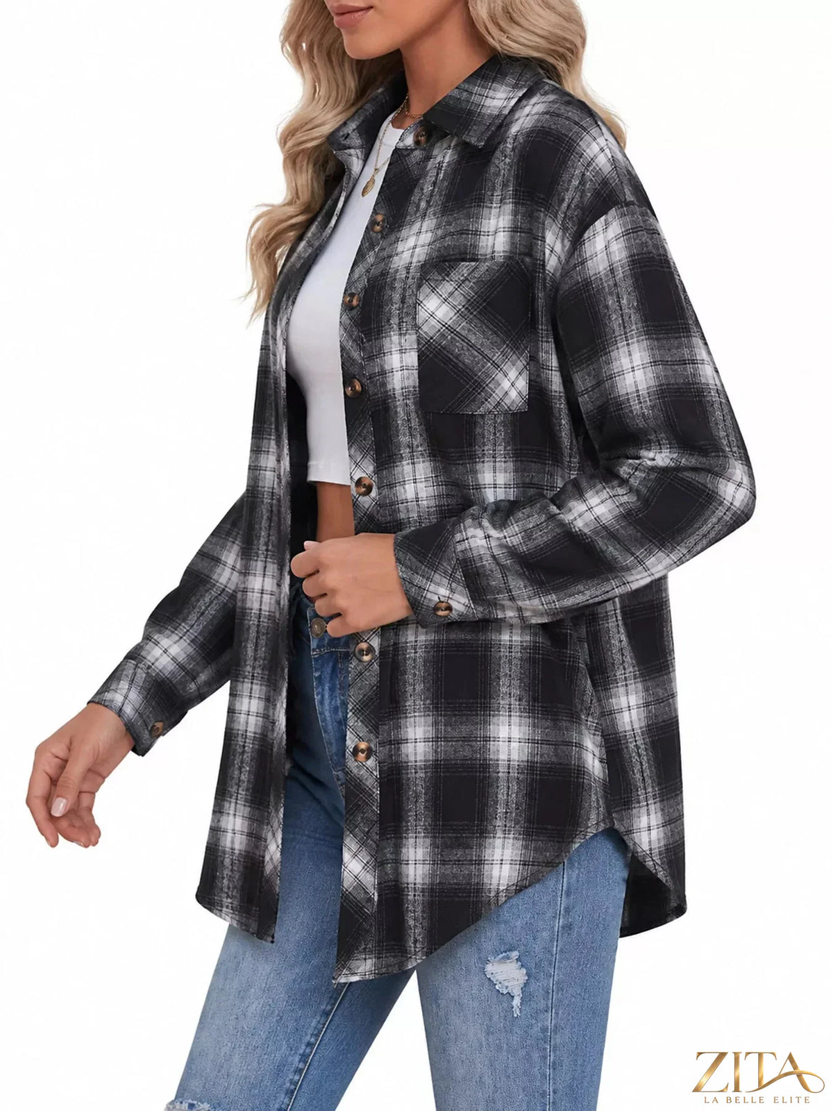 Zita La Belle Elite plaid button-down oversized shirt featuring a classic checkered pattern and relaxed fit.