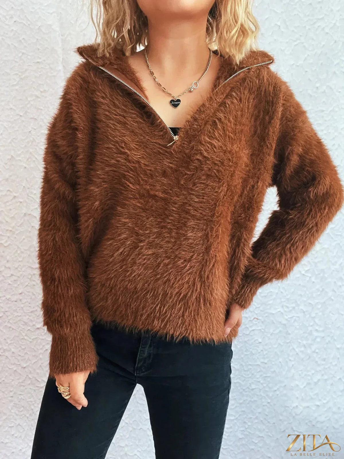 Zita La Belle Elite cozy fuzzy half-zip sweater in soft, warm fabric, featuring a high collar and relaxed fit.