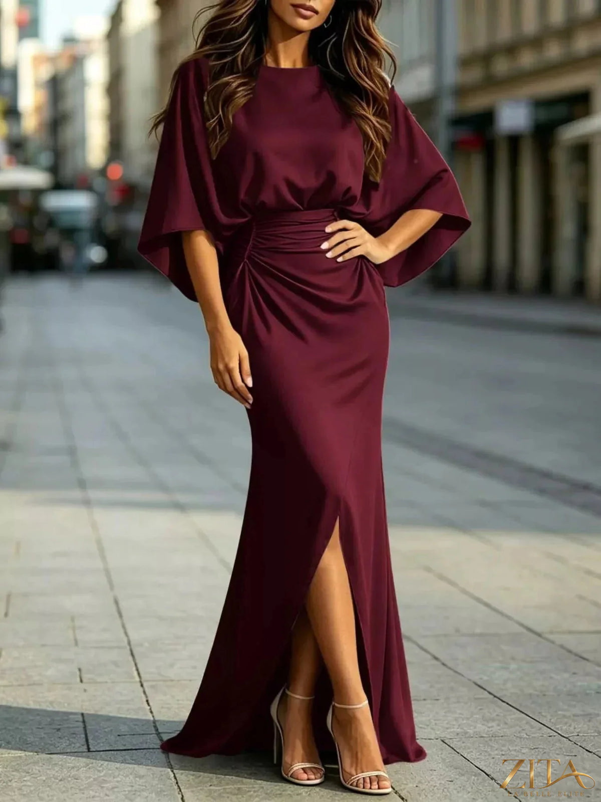 Zita La Belle Elite ruched waist maxi dress with pockets, flowing fabric, and elegant design perfect for casual or formal occasions.