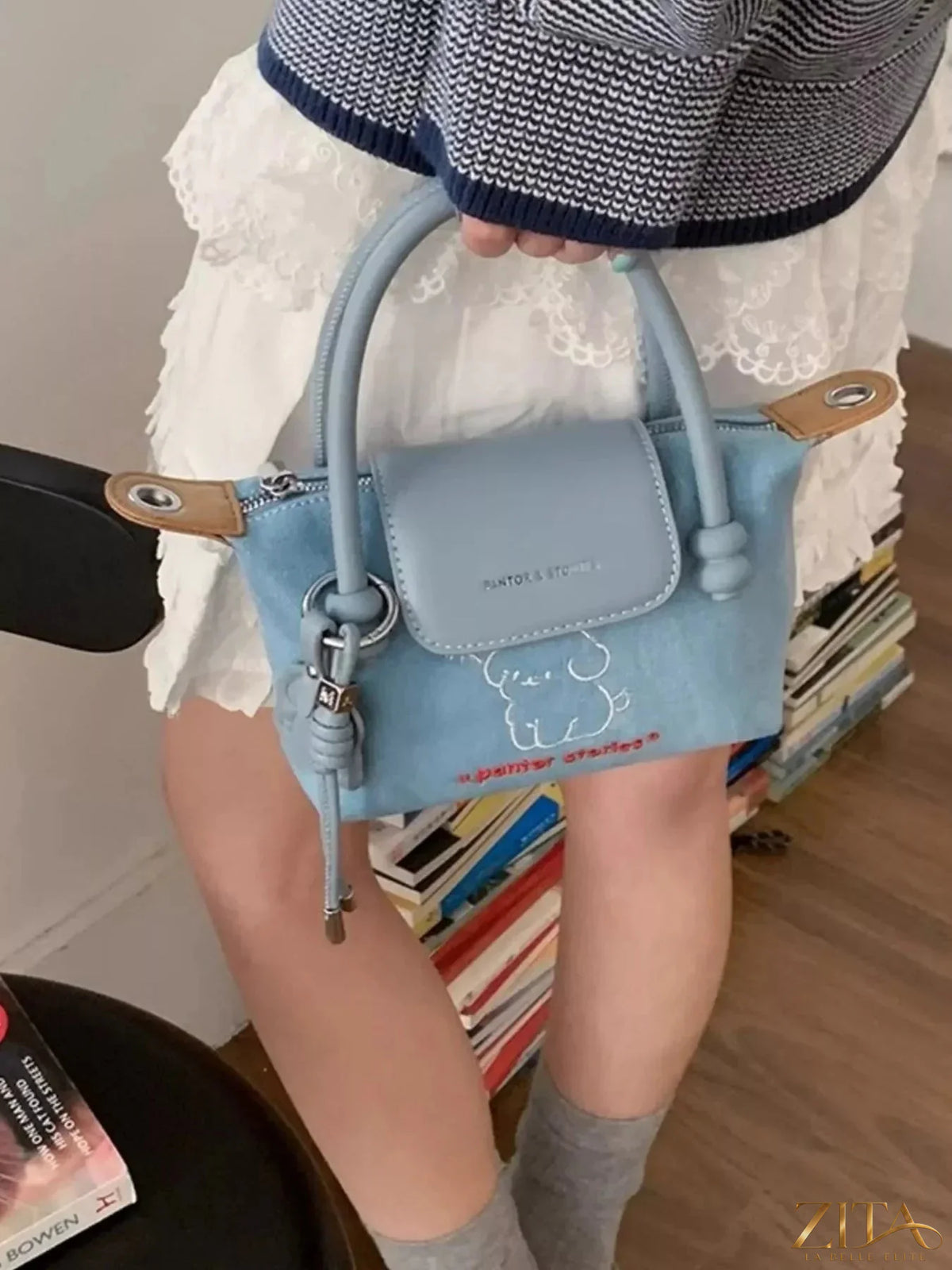 Zita La Belle Elite puppy embroidered denim handbag with colorful dog design, stylish accessory for casual outfits