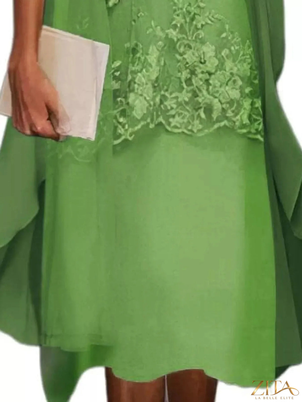 Plus size elegant lace overlay dress with matching chiffon cardigan set by Zita La Belle Elite, shown in a stylish, fitted design.