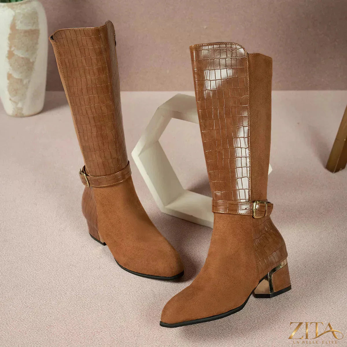Zita La Belle Elite crocodile texture knee-high boots with pointed toes and block heels, showcasing elegant leather craftsmanship.