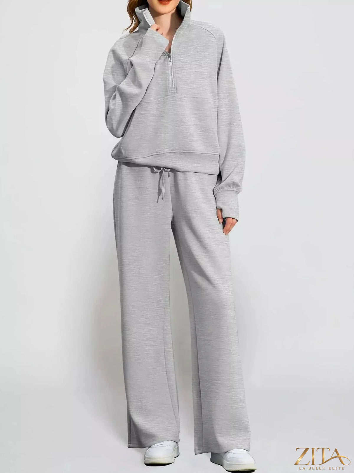 Zita La Belle Elite half-zip sweatshirt and wide-leg pants set in soft fabric, displayed on a model.
