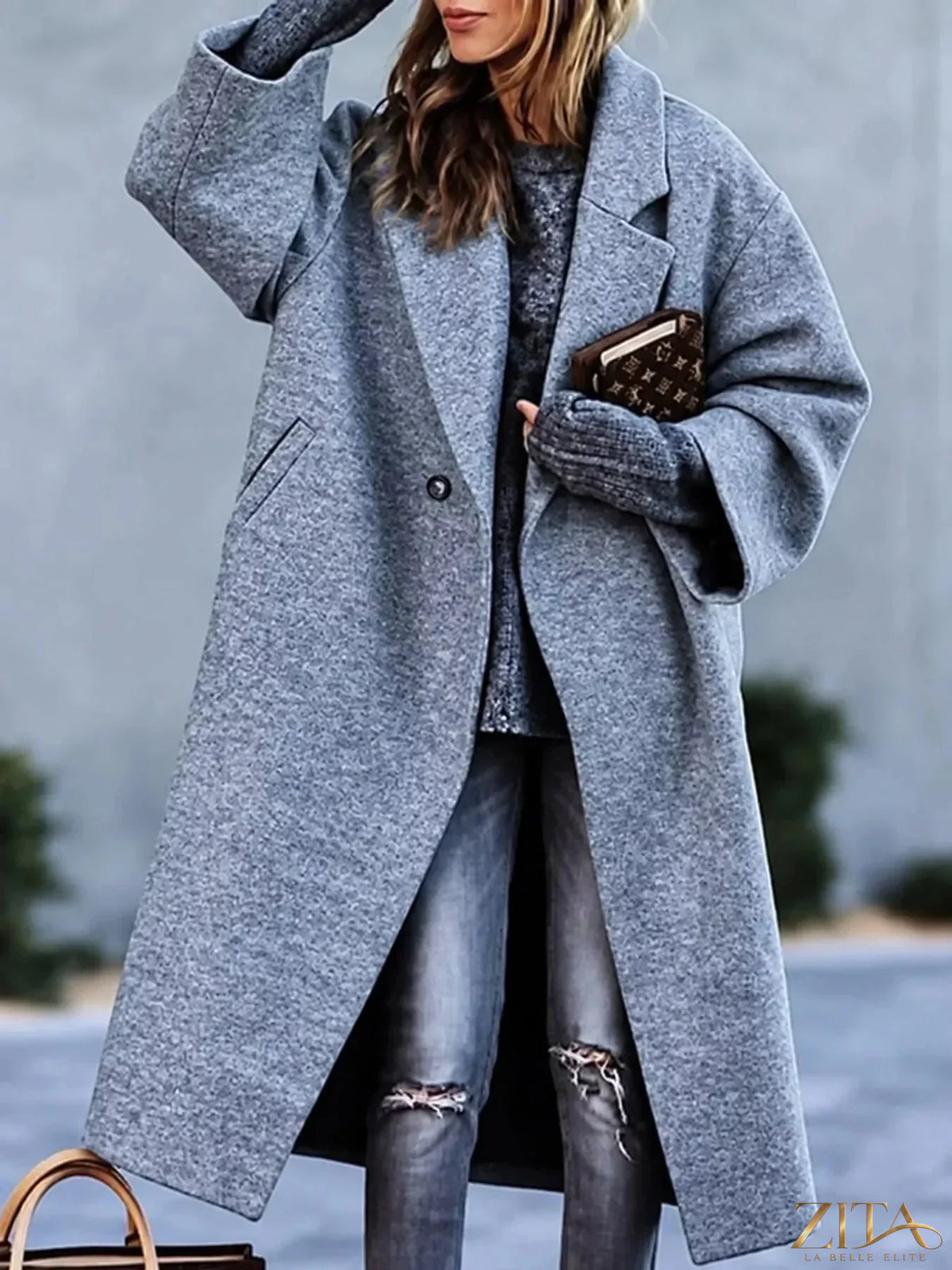 Plus size Zita La Belle Elite full-size coat with lapel collar and single button closure, shown from the front view.