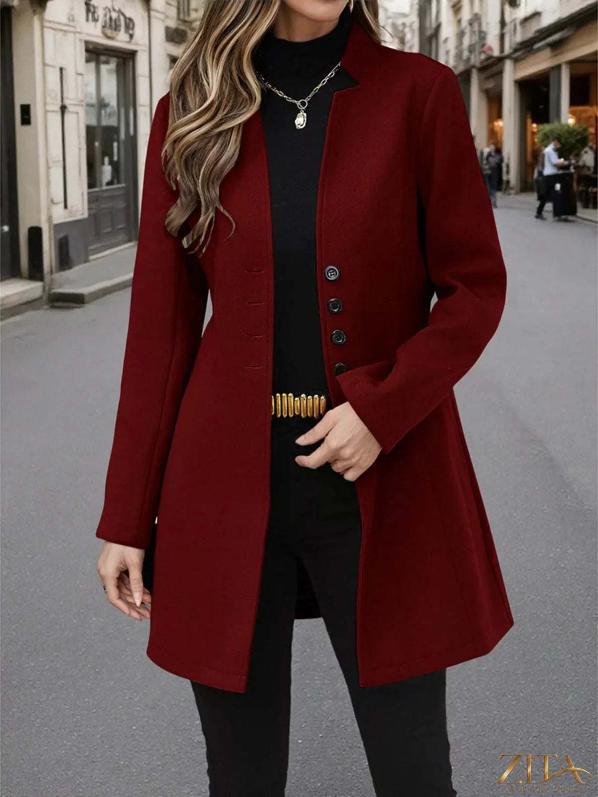 Zita La Belle Elite button-up long sleeve coat displayed on a hanger, featuring classic style and tailored fit for women.