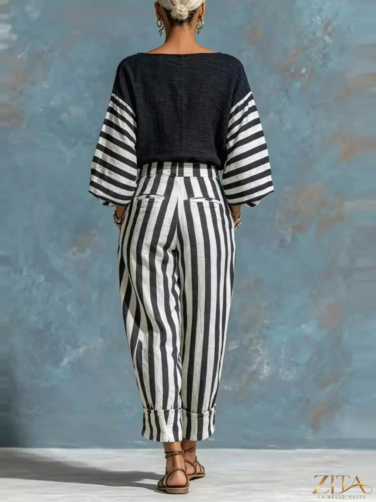 Zita La Belle Elite striped long sleeve top and matching pants set, featuring bold horizontal stripes and comfortable fabric.