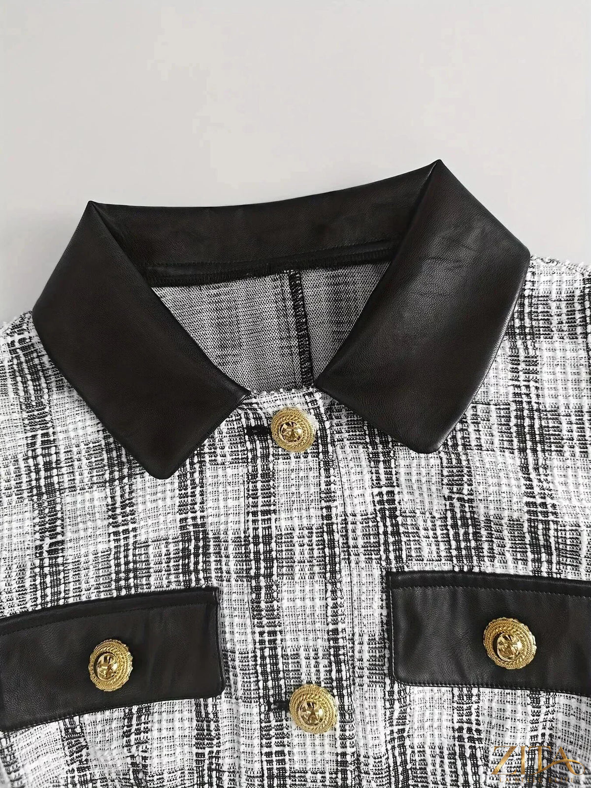 Zita La Belle Elite long sleeve plaid tweed button-down mini dress with collar and fitted silhouette, stylish fall fashion.