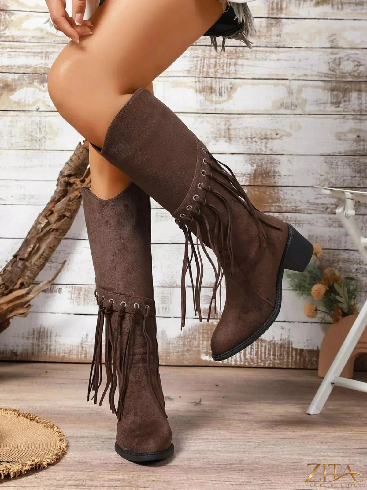 Zita La Belle Elite fringe point toe block heel boots with ankle-length design and stylish detailing, available in black leather.