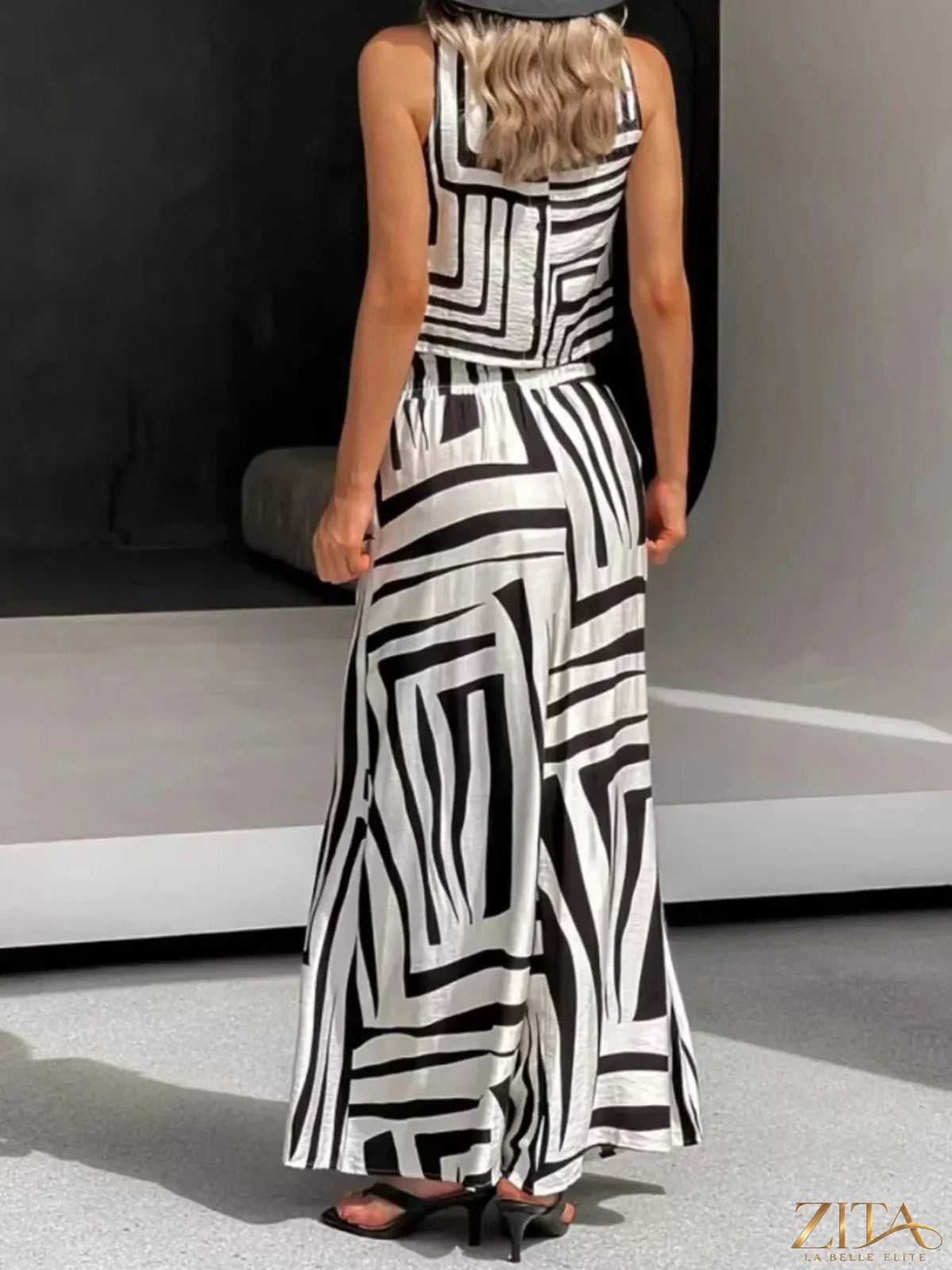 Zita La Belle Elite geometric print sleeveless top and wide-leg pants set, stylish fashion ensemble on model.