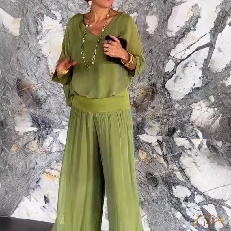 Zita La Belle Elite solid-color chiffon two-piece casualwear set in various colors, featuring a relaxed fit and stylish design.
