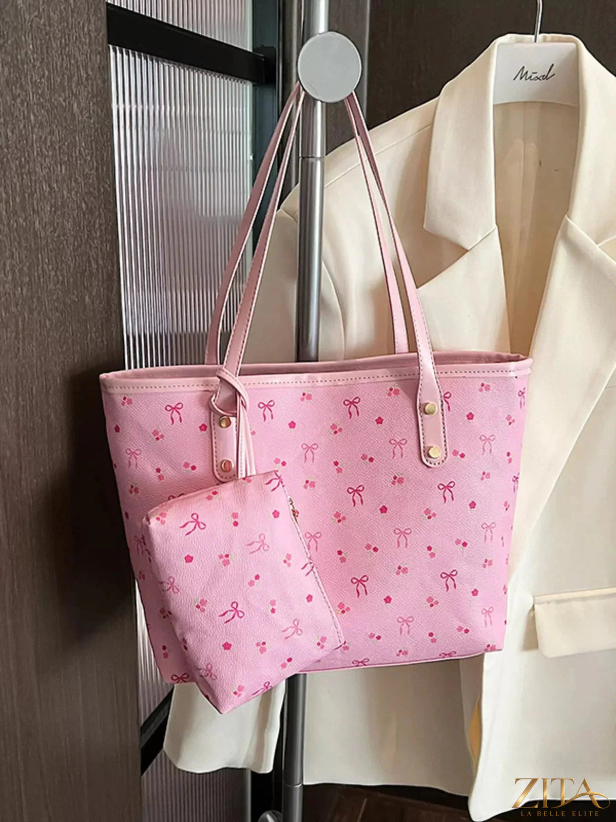 Printed tote shoulder bag with matching pouch by Zita La Belle Elite, featuring a stylish design and spacious interior.