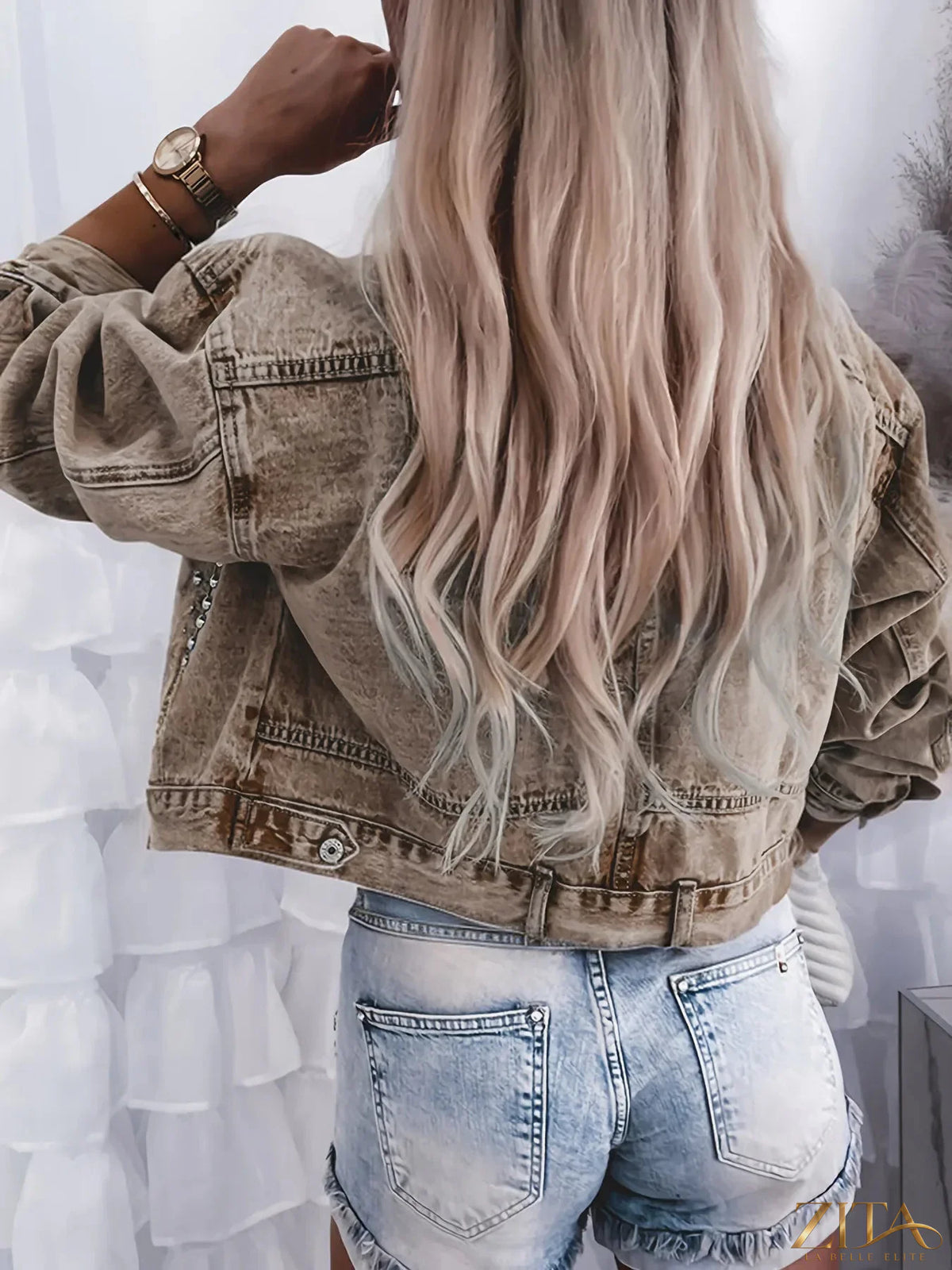 Trendsi studded button-up denim jacket with silver embellishments, classic collar, and long sleeves, casual streetwear style.