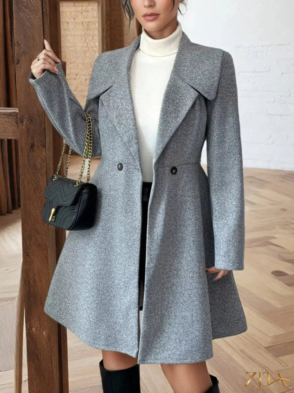 Zita La Belle Elite double-breasted wool blend coat with wide lapels and button closure, shown on a mannequin.
