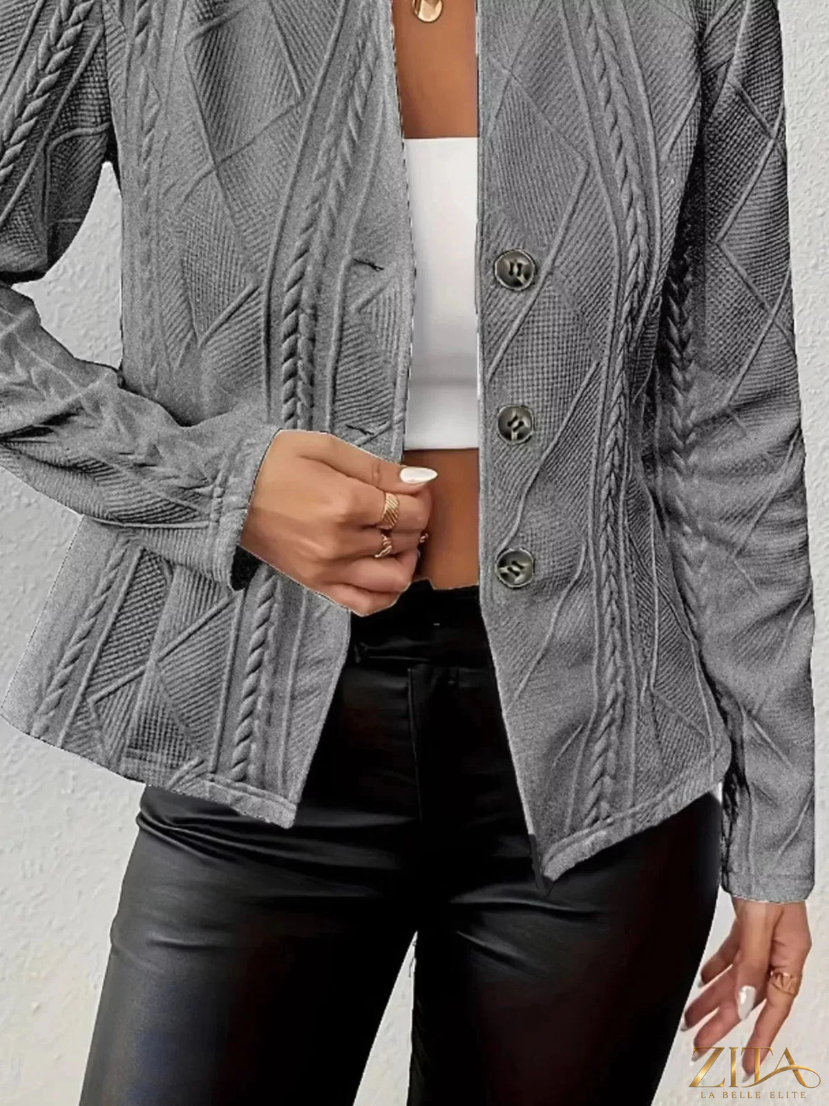 Textured knit button-front blazer by Zita La Belle Elite, featuring a tailored fit and classic collar in a stylish, patterned fabric.