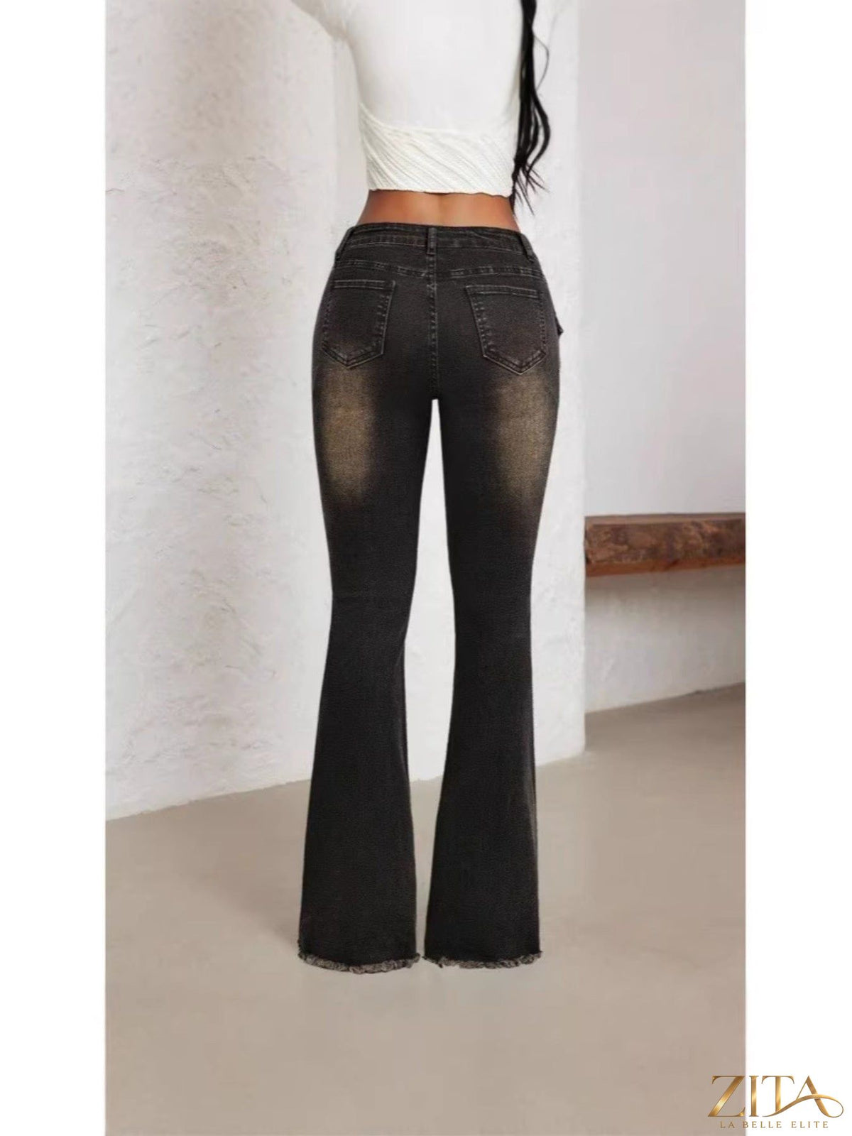 Zita La Belle Elite belted high waist flare jeans with wide leg and classic denim wash, stylish and flattering fit.