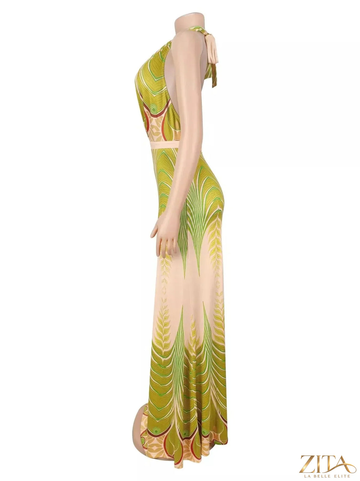 Elegant Zita La Belle Elite halter neck maxi dress with gradient leaf print, flowing fabric and stylish design.