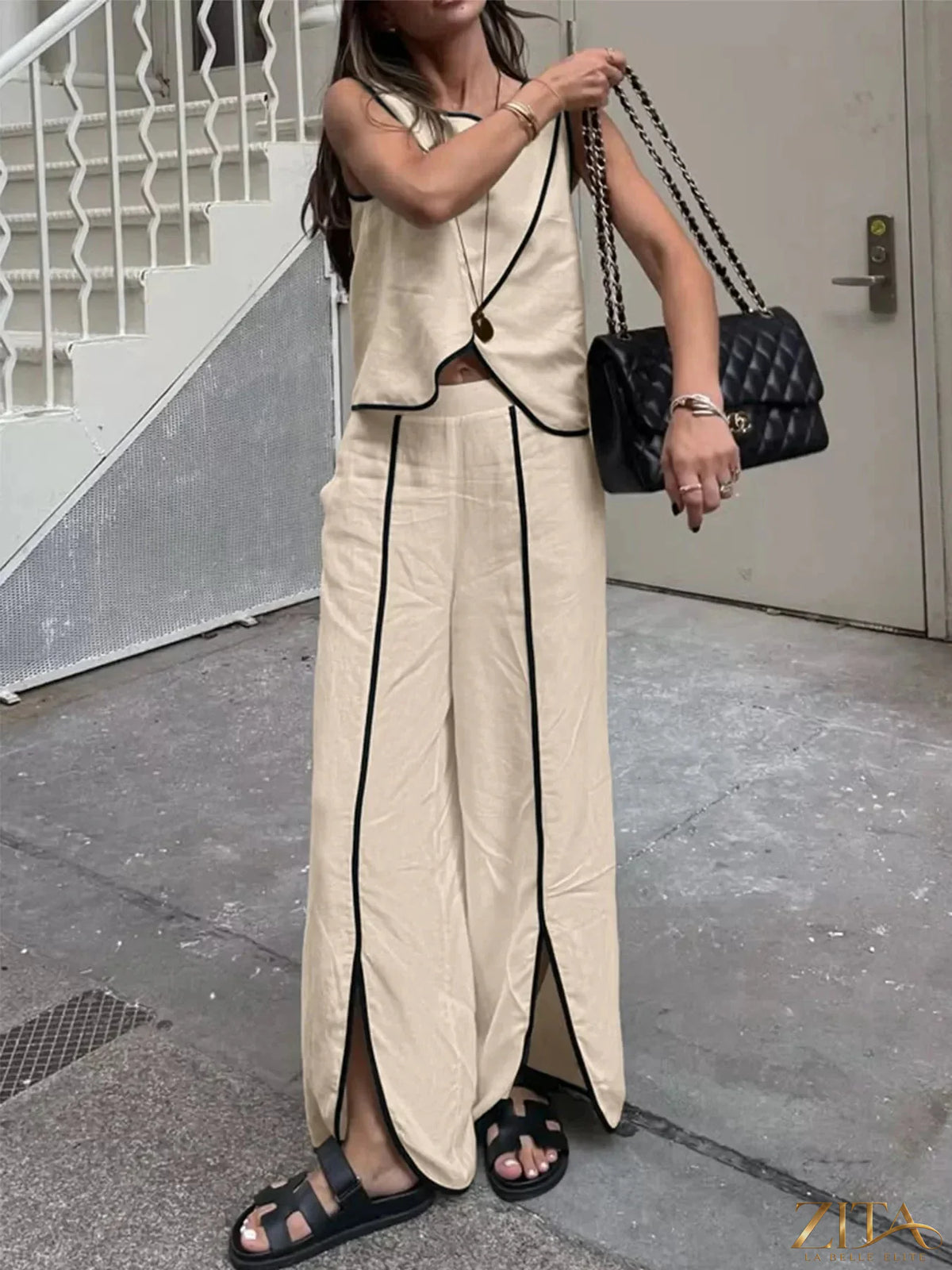 Zita La Belle Elite contrast trim top and wide-leg pants set, featuring a stylish coordinated outfit with color accents and comfortable fit.