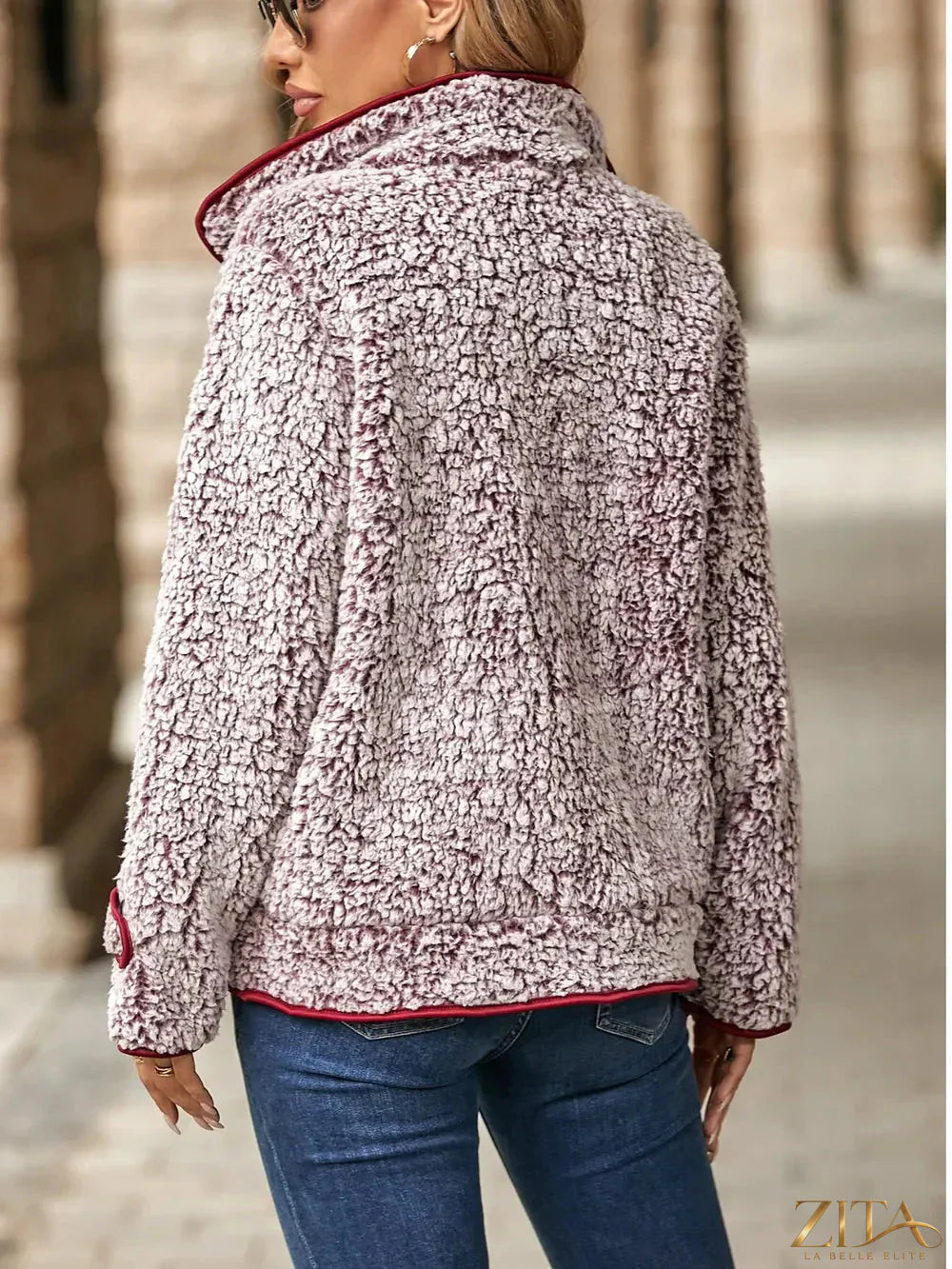 Zita La Belle Elite fuzzy pocketed button-up jacket showing soft textured fabric, chest pockets, and button front detail.