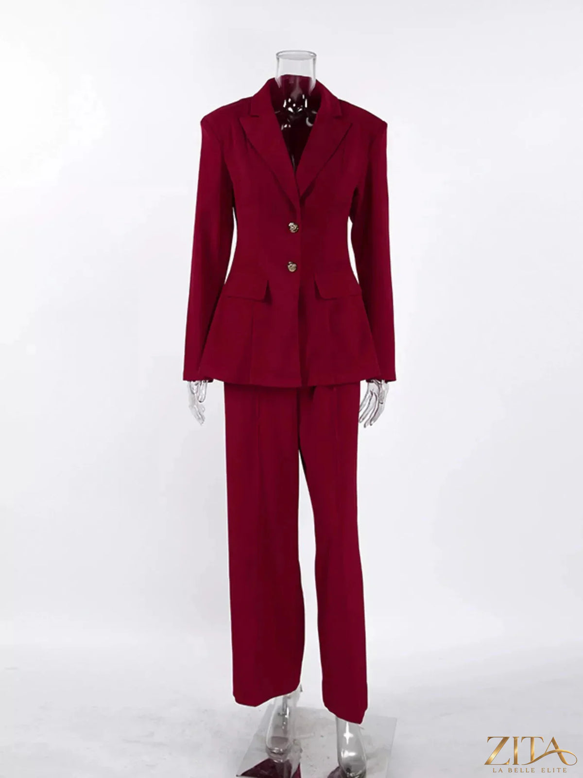 Zita La Belle Elite single-breasted blazer and wide-leg pants set, tailored fit, in elegant fabric, shown on a model.