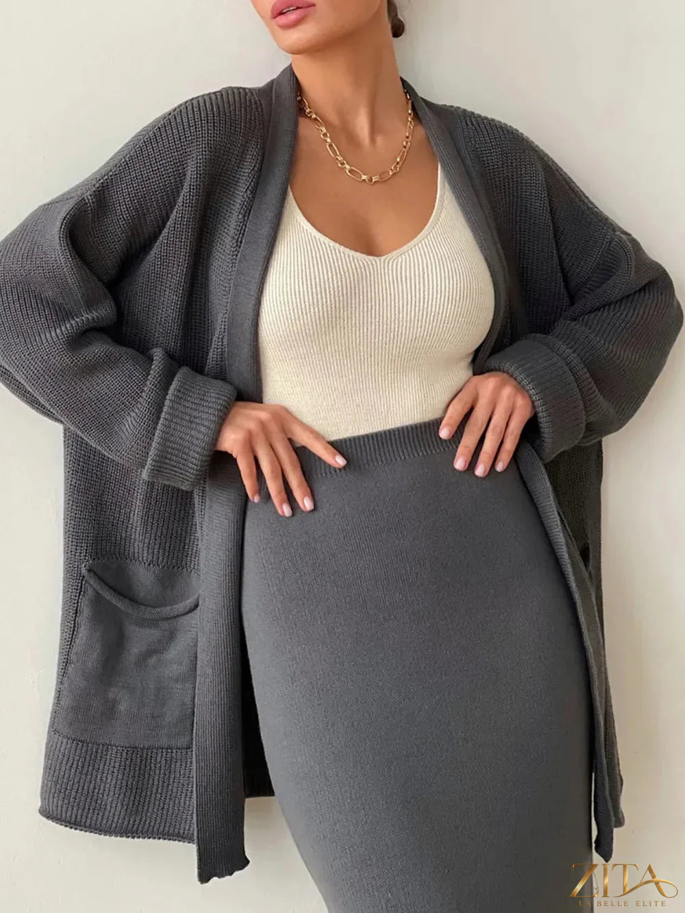 Zita La Belle Elite pocketed long sleeve cardigan and matching skirt sweater set, soft knit fabric, stylish and comfortable ensemble.