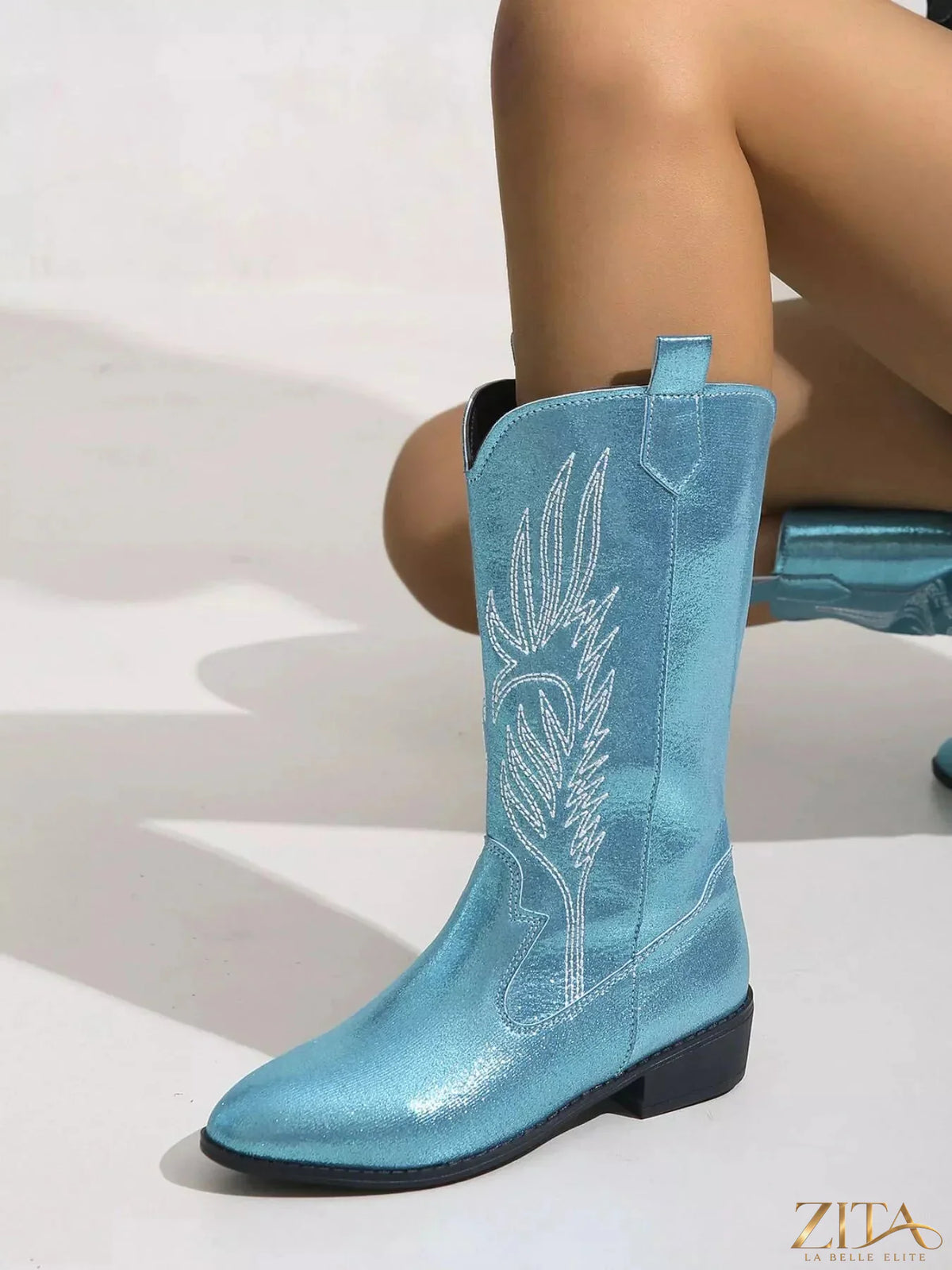 Zita La Belle Elite embroidered block heel boots featuring intricate embroidery and a stylish silhouette.