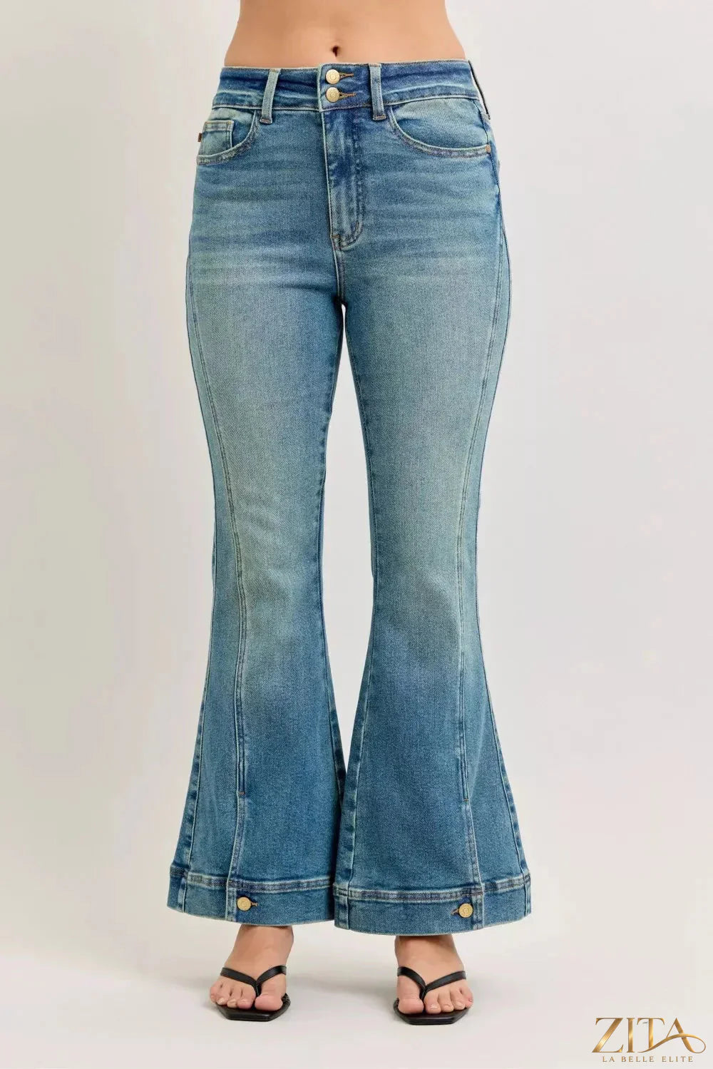 Zita La Belle Elite Judy Blue high waist vintage wash flare jeans with classic five-pocket design and distressed details.