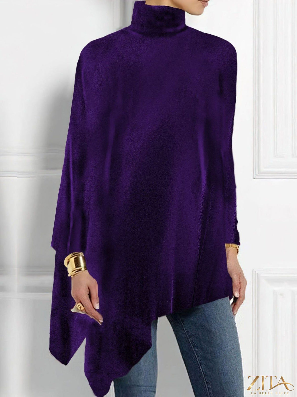 Elegant turtleneck asymmetric hem top by Trendsi, featuring a stylish high neckline and unique uneven hem detail.