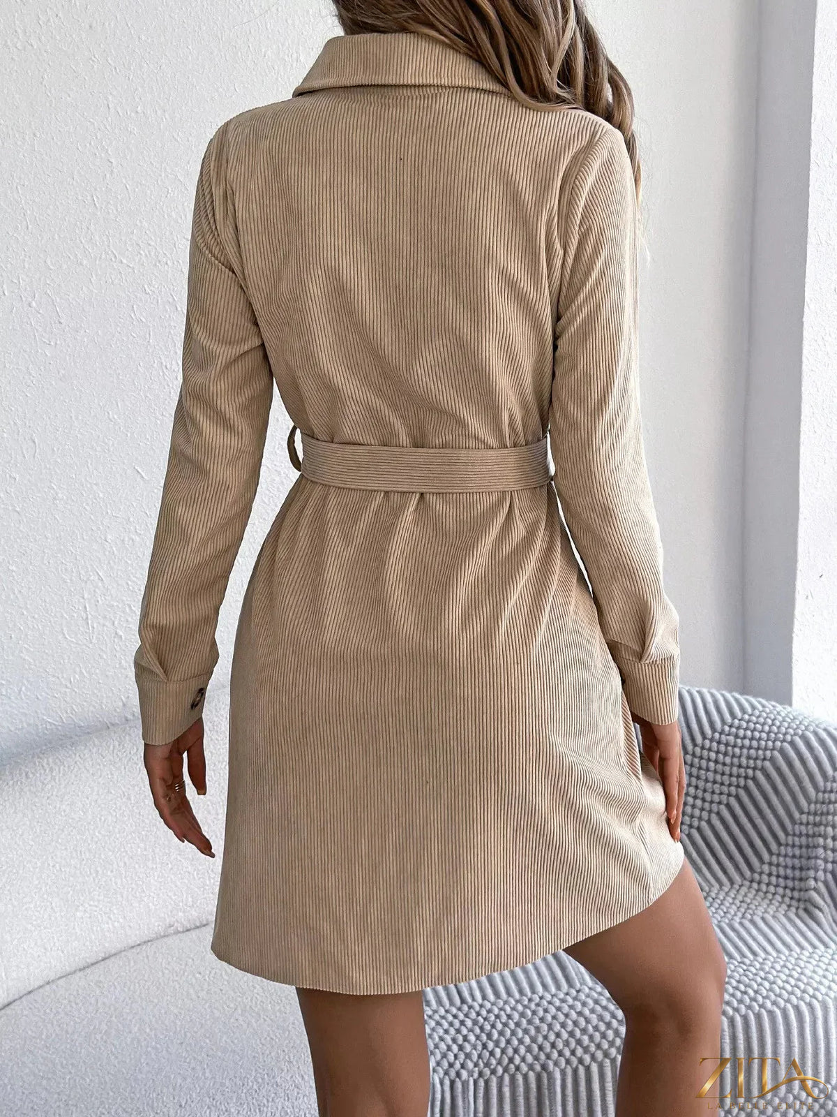 Zita La Belle Elite corduroy button-down shirt dress in earthy brown, featuring a classic collar and long sleeves.