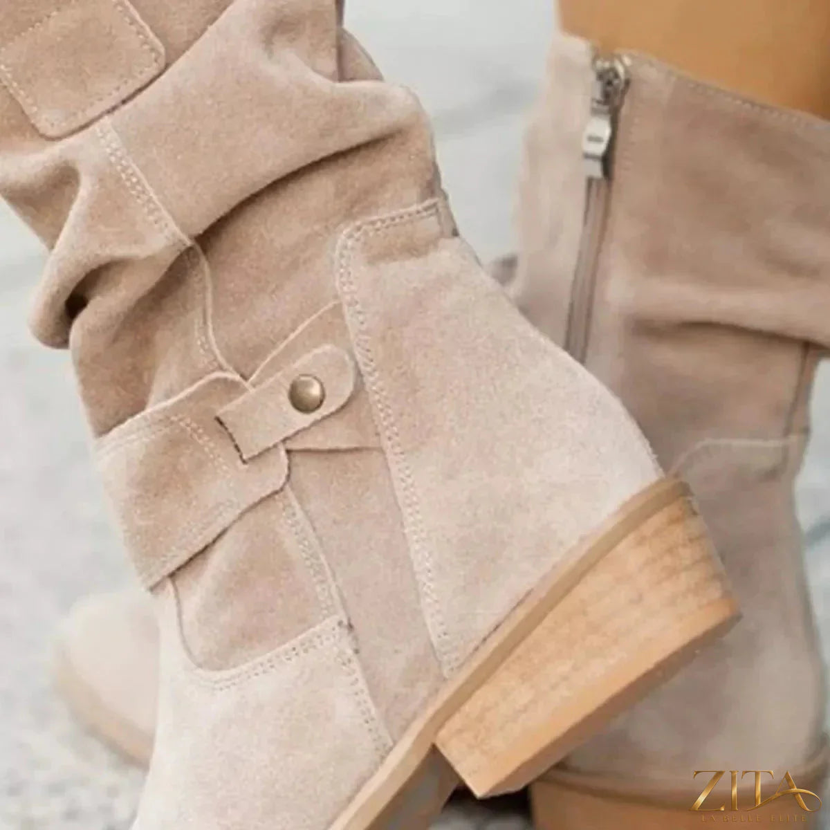 Zita La Belle Elite suede mid-calf boots with block heels, stylish and soft in rich brown color, showcasing a sleek design and rounded toe.