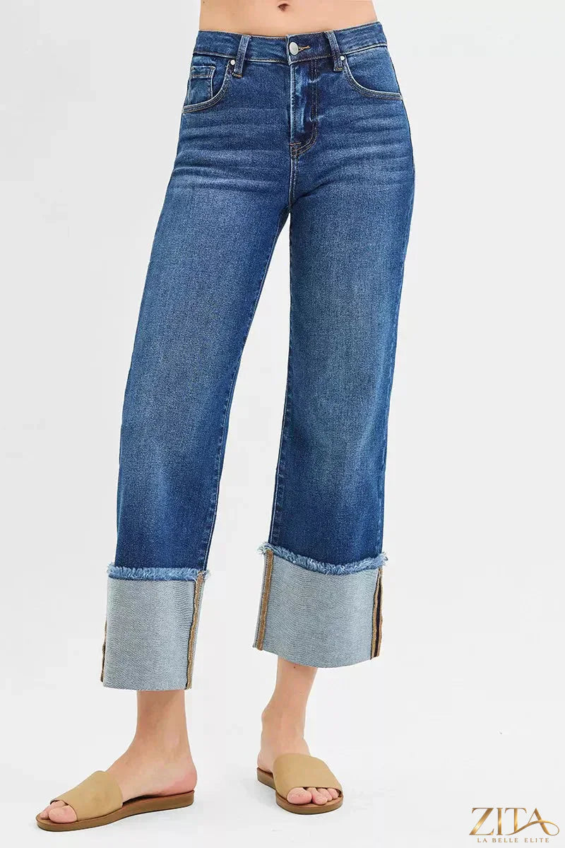 Plus size RISEN mid-rise crop wide cuff jeans by Zita La Belle Elite, showing the denim's fit and stylish cuffed hem.