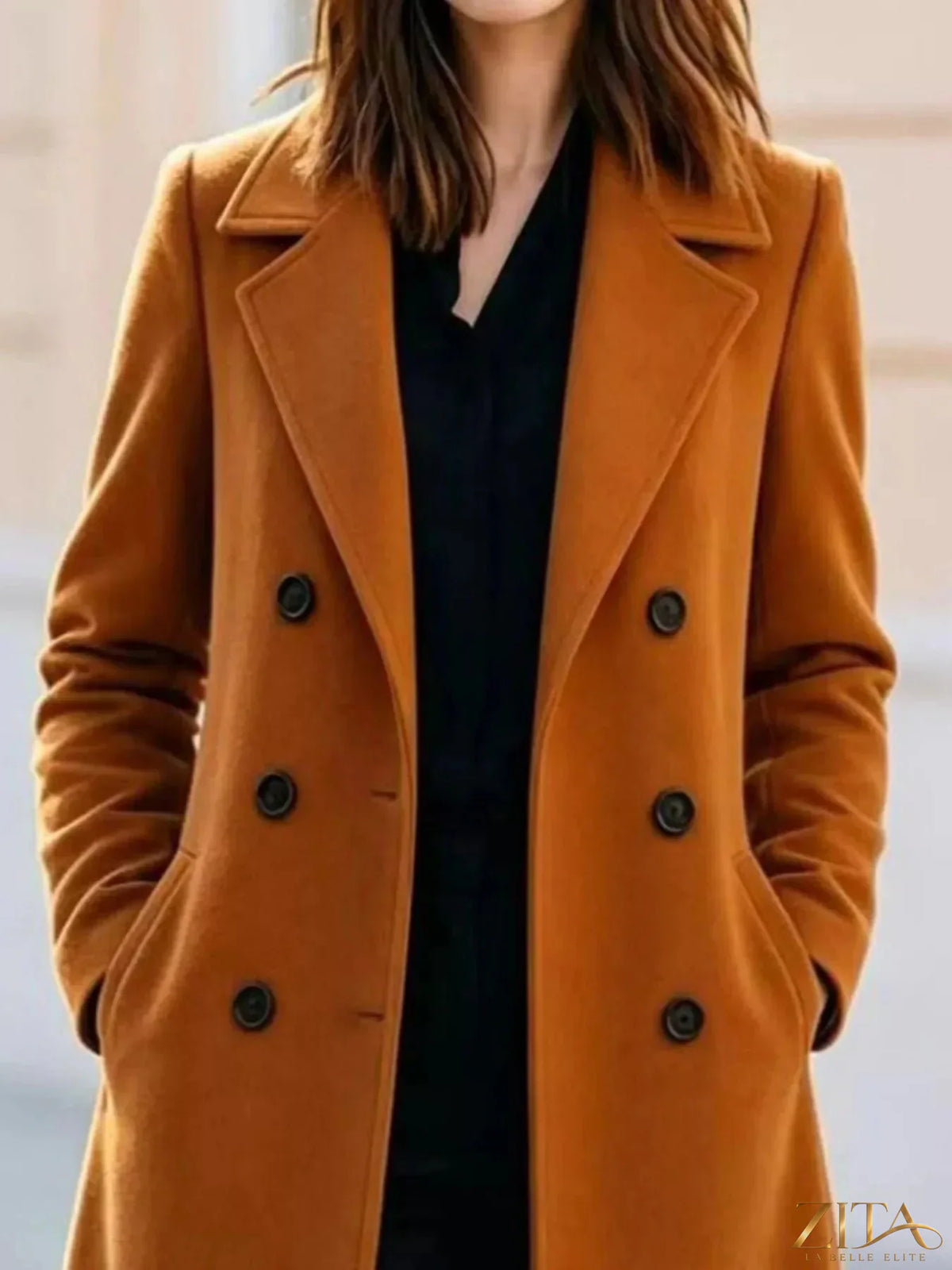 Zita La Belle Elite double-breasted coat with lapel collar, stylish and tailored outerwear in neutral fabric, front view.